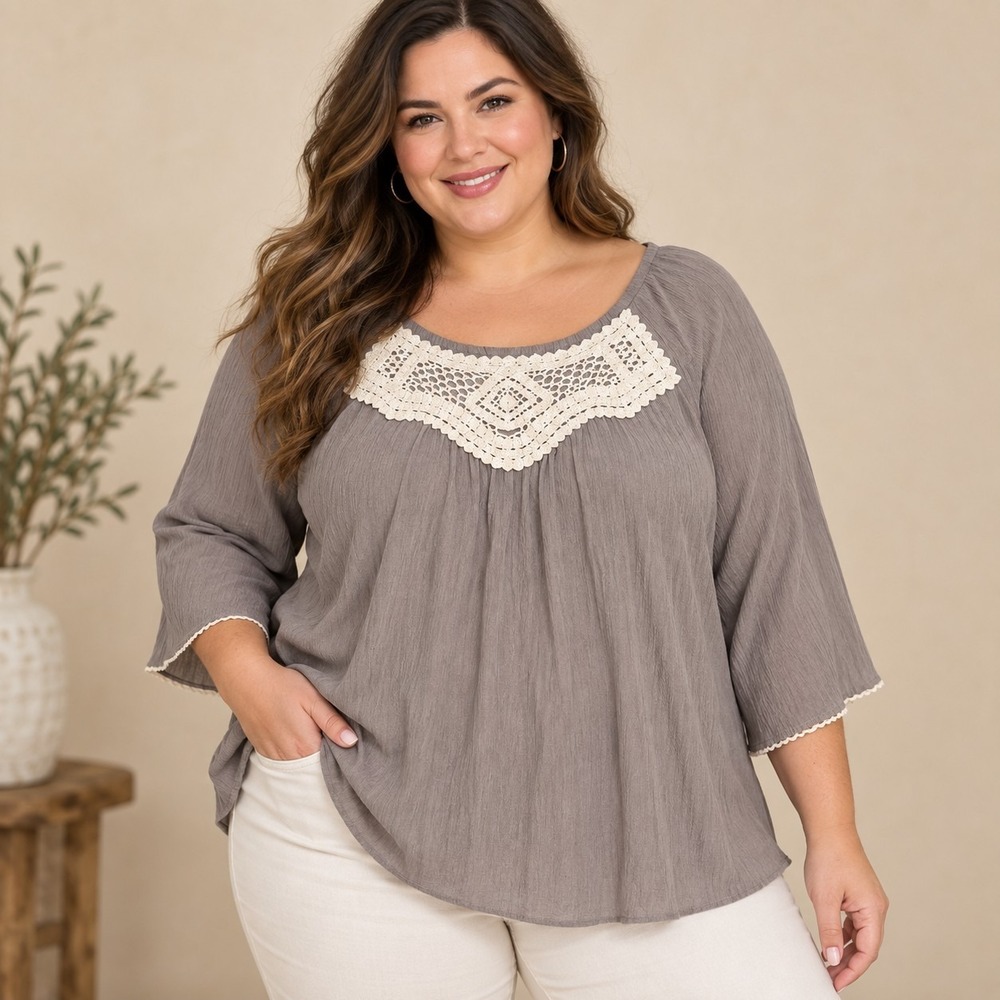 Indigo Soul Taupe Crochet Accent Peasant Top Women's XL Festival Hippie Whimsy